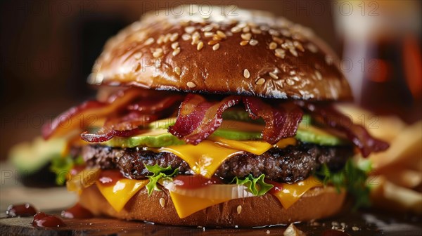 Juicy cheeseburger with crispy bacon, melted cheese, and fresh lettuce on a sesame seed bun, ai generated, AI generated