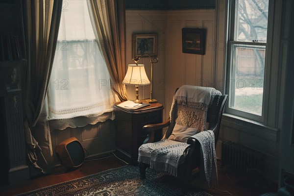 A warmly lit cozy reading nook with a comfortable chair by the window, AI generated