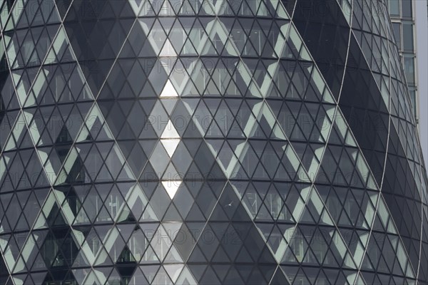 The Gherkin skyscraper building close up of window details with a Herring gull (Larus argentatus) bird flying past, City of London, England, United Kingdom, Europe