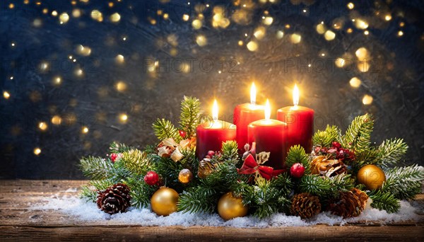 Ai generated, Advent wreath with burning candles, Christmas season, Christmas decoration, 4th Advent, Fourth Advent