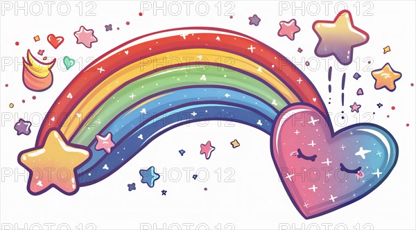 Cheerful cartoon of a rainbow with stars and a heart at each end, both adorned with cute faces, ai generated, AI generated