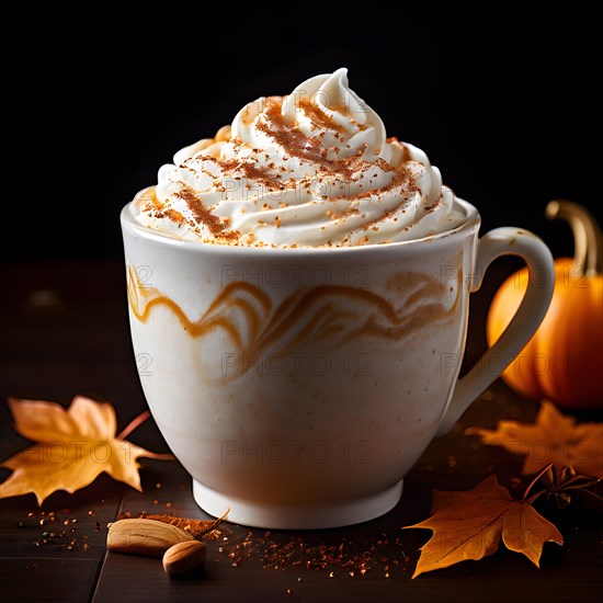 Pumpkin spice latte brimming with whipped crema, AI generated