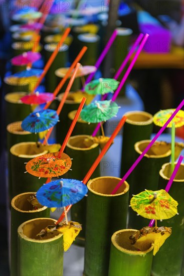 Cocktails in bamboo tubes at the evening market of Krabi, drink, colourful, colourful, decoration, display, market, drink, alcohol, presentation, art, goods, exotic, umbrella, bazaar, container, design, container, cup, idea, handmade, night market, Thailand, Asia