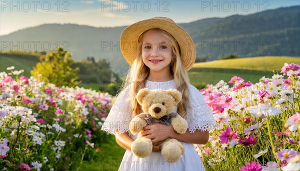 Ai generated, A blonde girl, 8 years old, enjoys the summer in a meadow with lots of flowers and is happy about her teddy bear, mascot