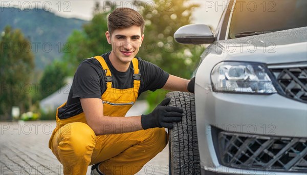 AI generated, A mechanic changes the tyres on a customer's car, tyre fitting, silver car