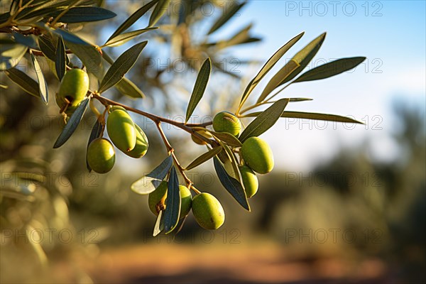 Green olives growing on tree. KI generiert, generiert AI generated