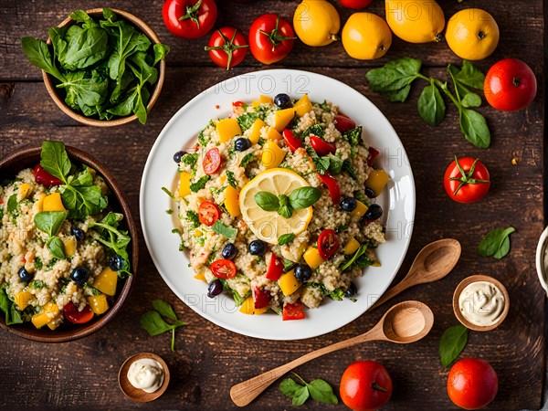 Quinoa salad abounding with colorful vegetables and lemon tahini dressing, AI generated