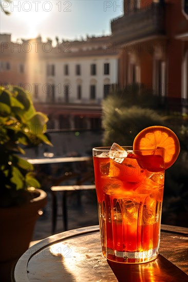 Aperol spritz radiating bright and bubbly charm glass positioned on a sunlit terrace table, AI generated