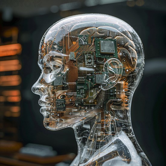 Medical a human head with brain and computer chip, symbol image KI in the human brain, ai generated, AI generated