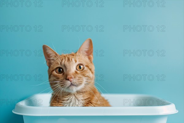 Domestic cat sitting in white litter box on blue studio background. KI generiert, generiert AI generated