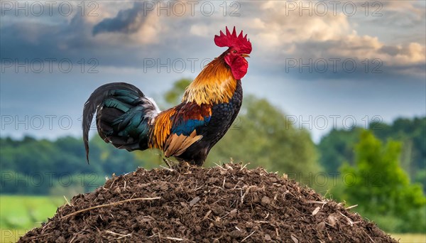 KI generated, A beautiful rooster stands on a dung heap, farmyard, (Gallus gallus domesticus)