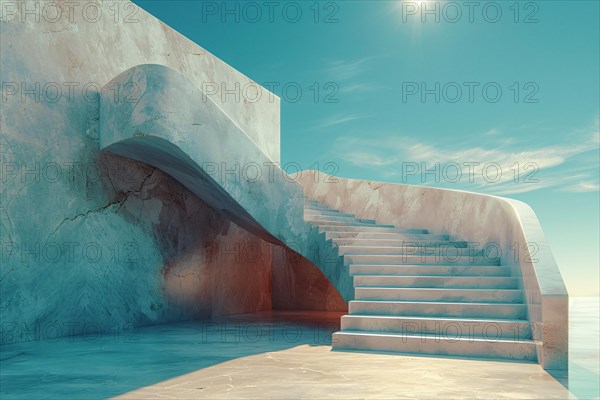 White concrete staircase leading to an arched entrance with strong sunlight, AI generated