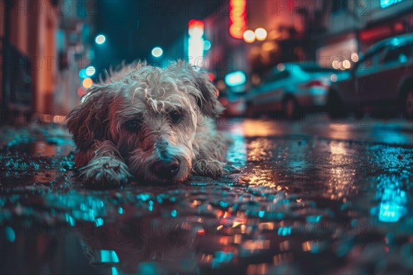 An abandoned, stray, young mixed-breed dog lies on a wet road at night and looks sad, AI generated, AI generated, AI generated