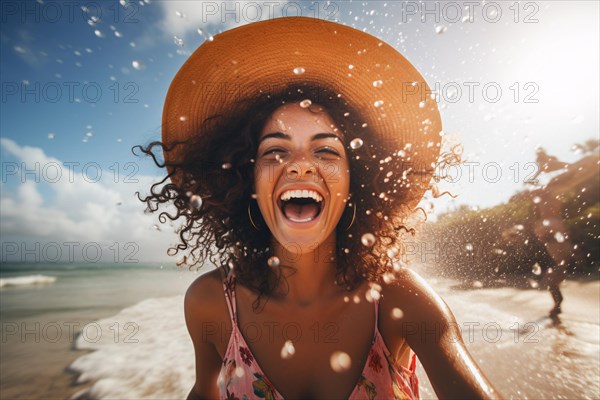 Woman with summer straw hat having fun at sunny beach on vacations. KI generiert, generiert AI generated
