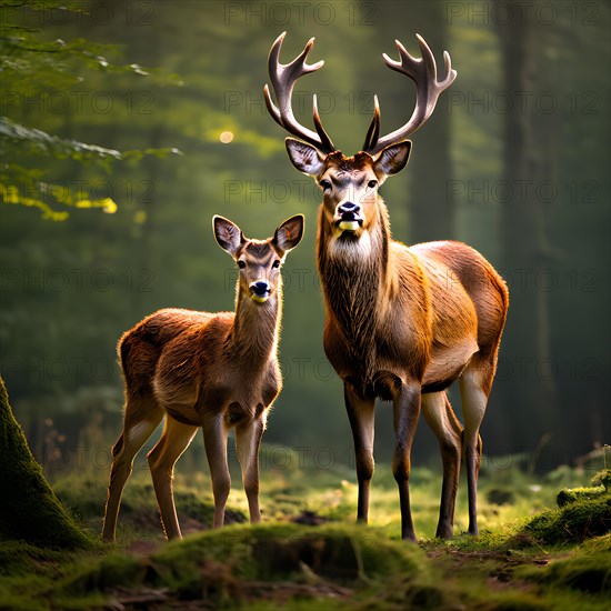 Red deer hind nose to nose with her calf, AI generated