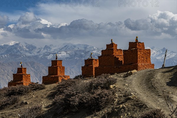 Colourfully painted Buddhist stupa, Ghar Gumba monastery, Kingdom of Mustang, Nepal, Asia