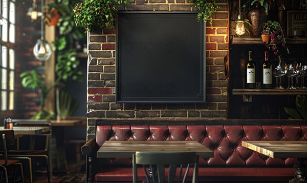 Inside a restaurant with an empty blackboard on a brick wall adorned with plants and wine bottles AI generated