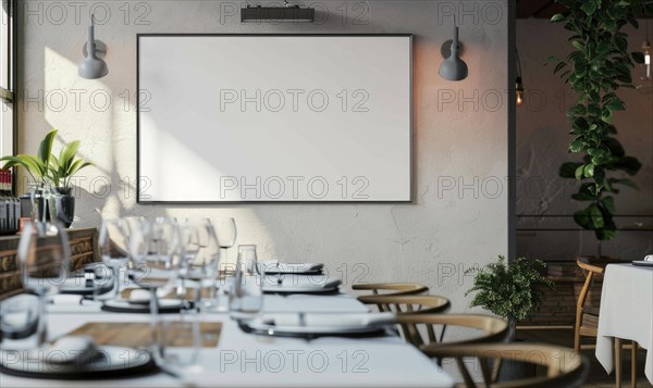 Modern restaurant setting with tables set for dining and an empty frame on the wall AI generated