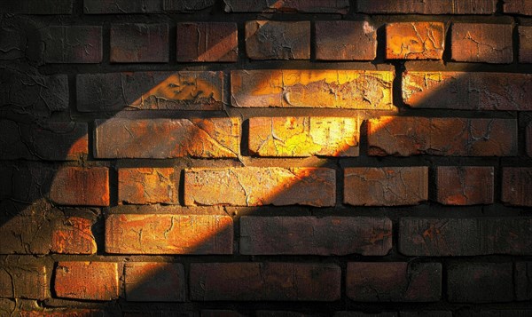 Cozy golden hour light creates a warm glow and shadow play on a textured brick wall AI generated