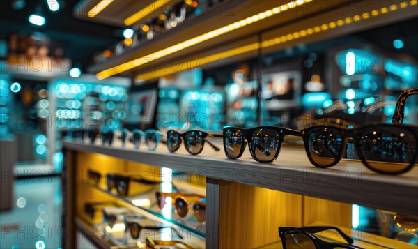 A selection of eyeglasses on shelves with warm lighting in an optical shop AI generated