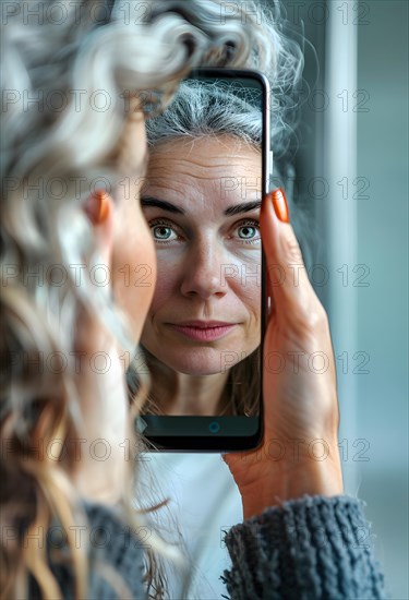 A grey-haired middle-aged woman holds her smartphone in her right hand and looks at her reflection on the display, AI generated, AI generated