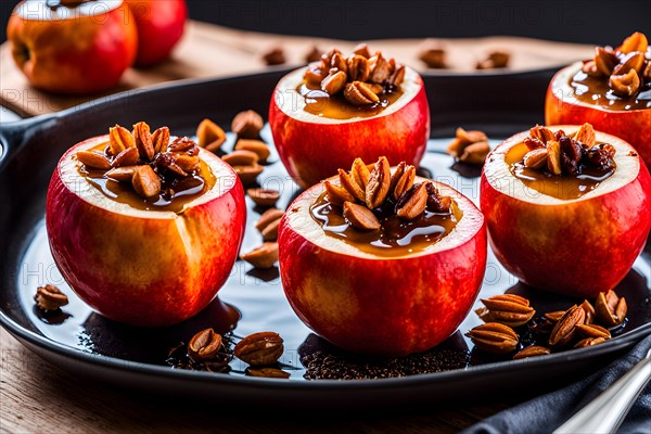 Baked apples stuffed with cinnamon nuts honey, AI generated