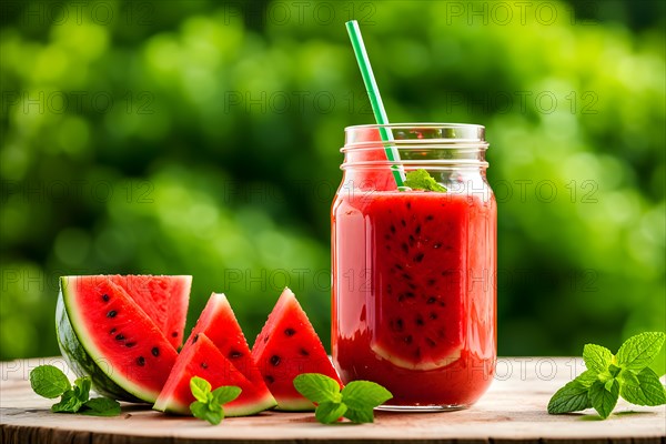 Watermelon and mint smoothie housed in a mason jar, AI generated