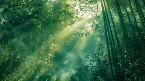 Sunbeams filtering through the fog in a lush green bamboo forest, ai generated, AI generated