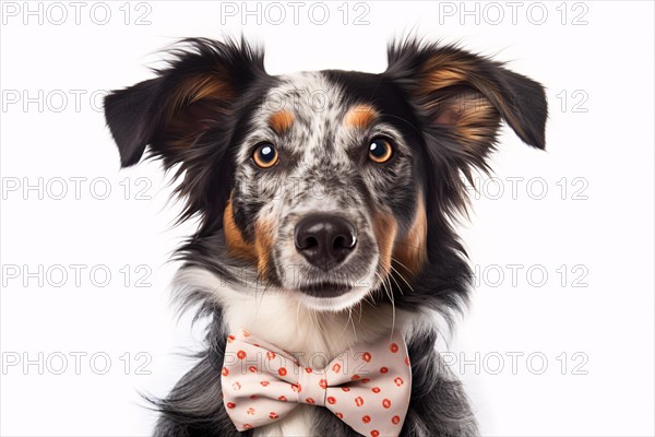 Portrait of Australian Shepherd dog with bowtie on white background. KI generiert, generiert AI generated