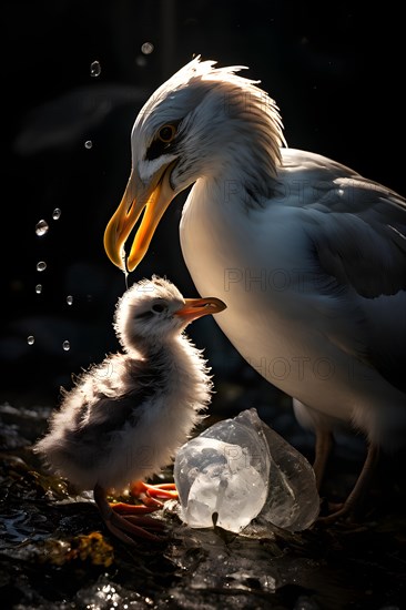 Seabird tenderly offering plastic fragments to its chick, AI generated