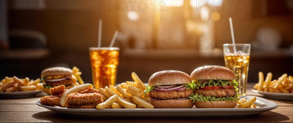 An array of delicious burgers, fries, chicken, beer, and soda on a wooden counter, wide horizontal aspect ratio, blurred sunny background with bokeh effect, AI generated
