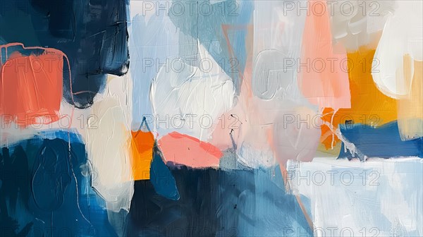 Modern abstract art featuring blue, orange, and white brush strokes on canvas, ai generated, AI generated
