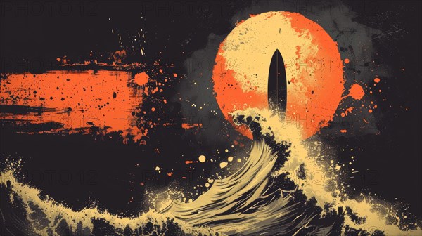 Moody abstract with a surfboard, large red sun, and wave featuring grunge elements, ai generated, AI generated