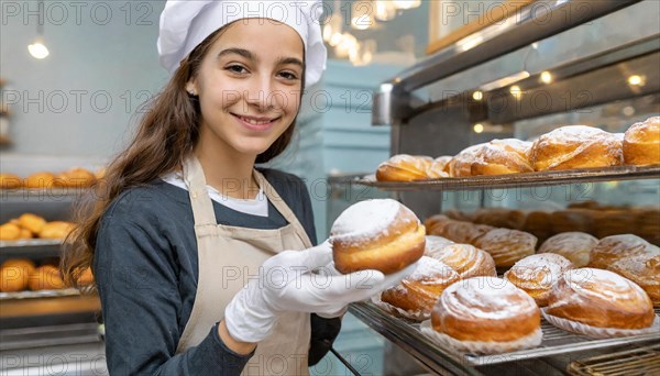 Ai generated, woman, 20, 25, years, shows, bakery, bakery shop, baquette, white bread, France, Paris, Berliner, doughnut, Europe