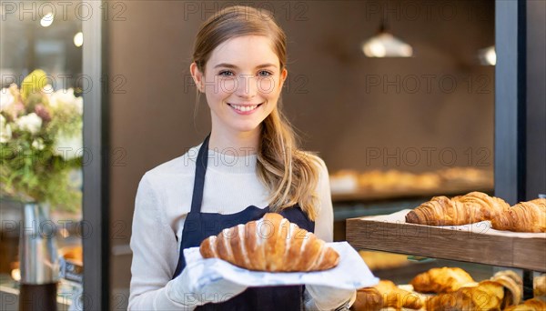 KI generated, woman, 20, 25, years, shows, bakery, bakery shop, baquette, white bread, croissant, France, Paris, Europe