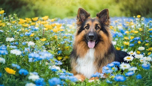 KI generated, A German shepherd dog lies in the grass of a meadow with many flowers