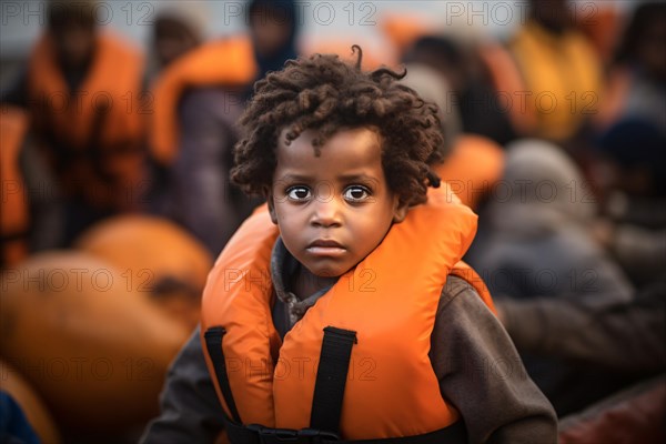Young black child with orange safety vest crossing ocean in refugee boat. KI generiert, generiert AI generated