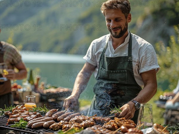 Barbecue party, guests with glasses in their hands stand around a chef who is grilling sausages and steaks, AI generated