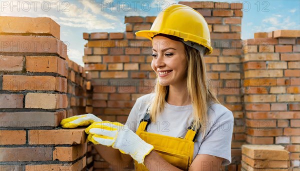 AI generated, A female bricklayer inspects a brick wall, 30, 35, years