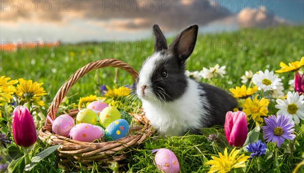 Ai generated, An Easter basket with coloured eggs in a meadow with colourful flowers, in the basket a black and white dwarf rabbit, symbolic image Easter, animal children