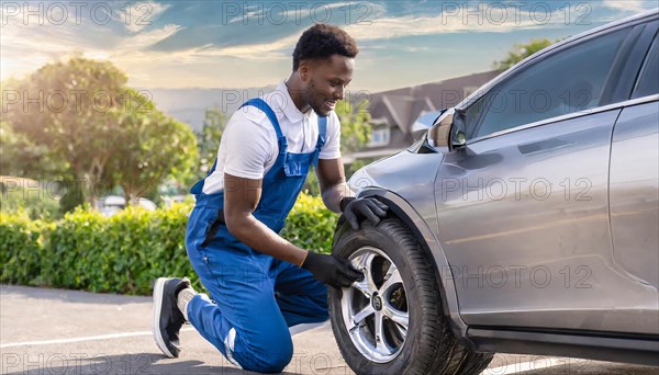 AI generated, A mechanic changes the tyres on a customer's car, tyre fitting, silver car