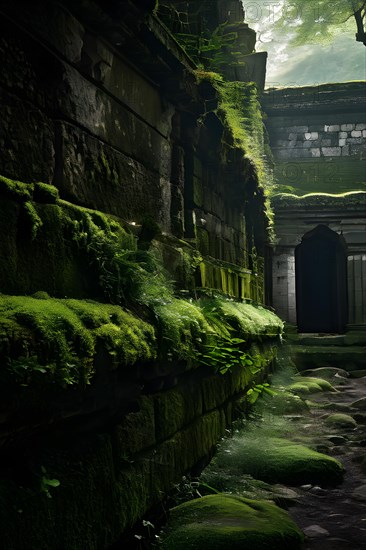 Weathered ancient city wall cloaked in a delicate tapestry of moss embodies resilience, AI generated