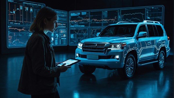 Engineer working with a holographic display of a modern 4x4 big SUV in an advanced design facility, women at traditional men jobs, feminine power and rights concept, AI generated
