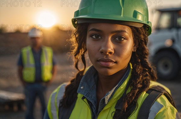 Close-up of a female worker in a green hard hat with the sunset behind her, blurry selective focus background, bokeh, AI generated