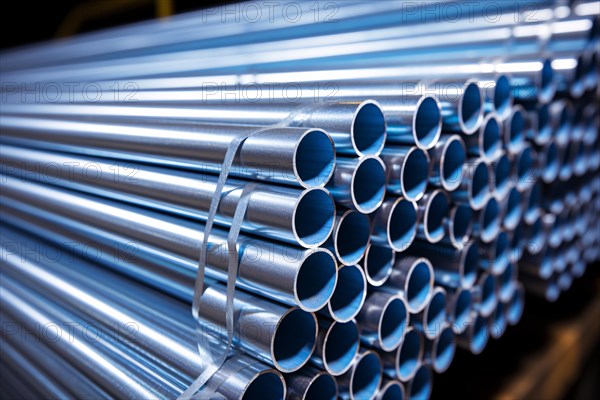 Close up of stack of industrial steel pipes in warehouse. KI generiert, generiert AI generated