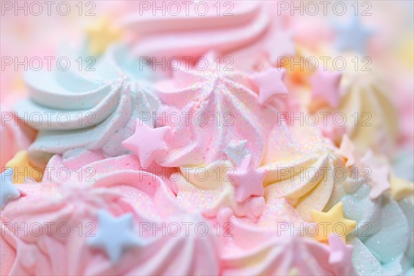 Close up fo pastel colored sugar swirls and sprinkles decoration for cake. KI generiert, generiert AI generated