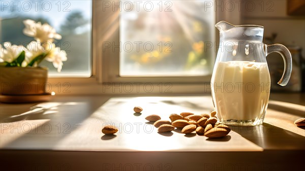 Glass of homemade almond milk mid pour scattered almonds on kitchen counter, AI generated