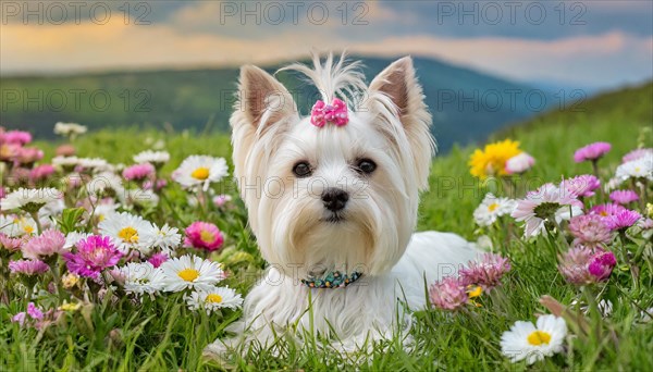 KI generated, A white Yorkshire Terrier lying in a flower meadow, (Canis lupus familiaris)