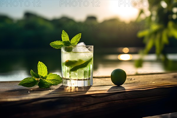 Classic mojito with fresh mint leaves resting on a weathered wooden dock calm lake waters extending, AI generated