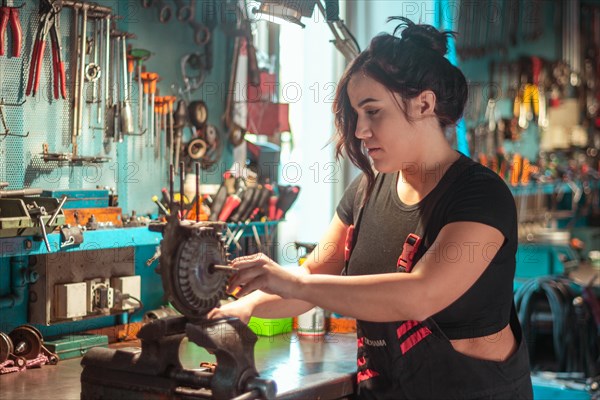 A woman is attentively working on a mechanical piece at a tidy workshop bench, a complete tool panel in background with bokeh effect, traditional male jobs by Mixed-race latino woman